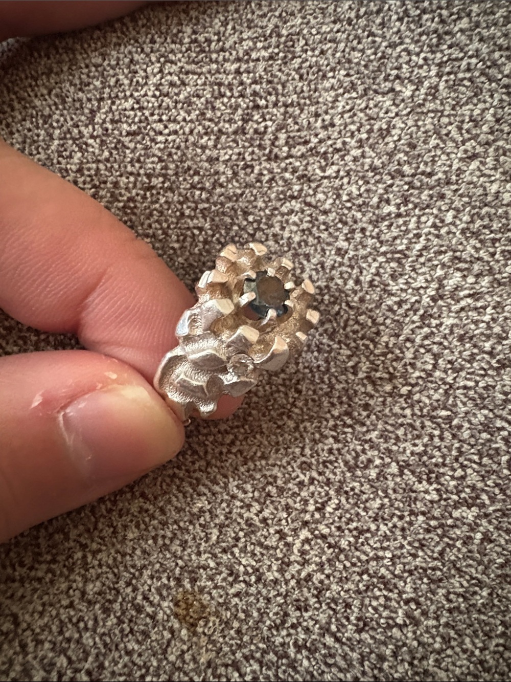 Sterling silver nugget ring with 1.03ct blue diamond center and .25 ct whites